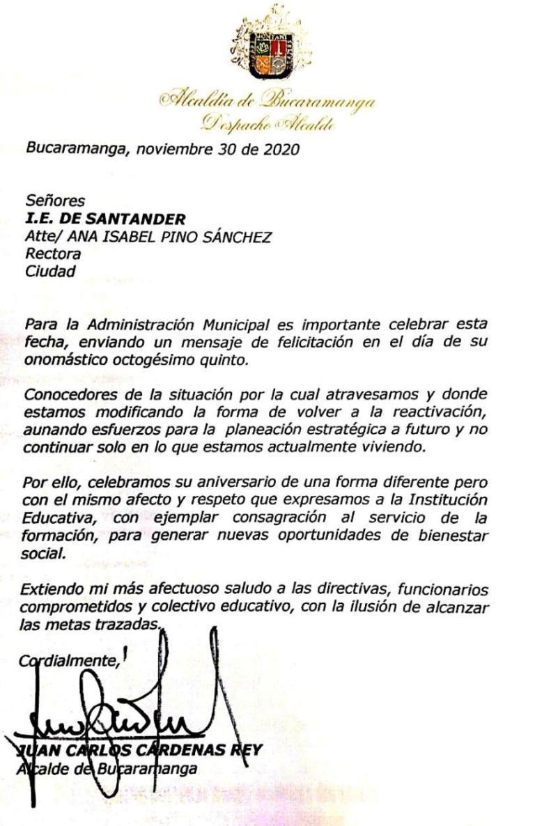 FELICITACION ALCALDE – Glorioso Colegio de Santander